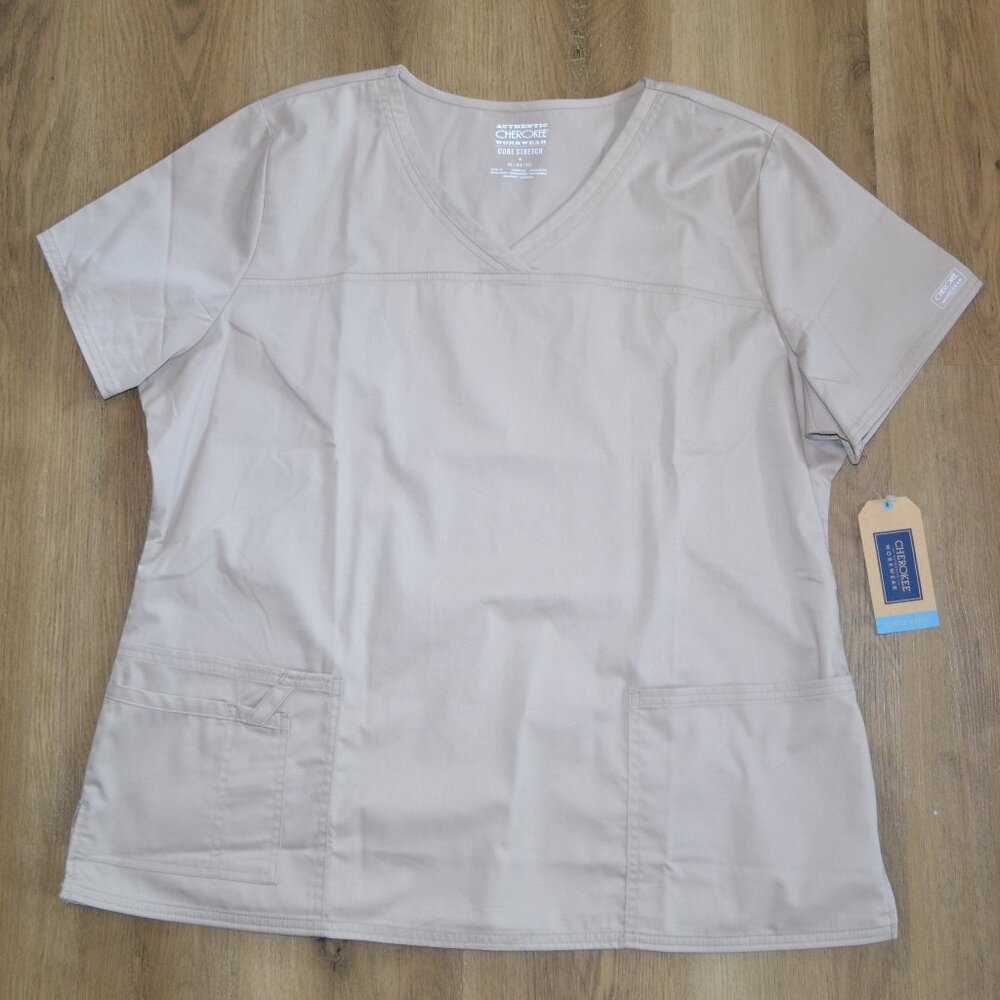 NEW Womens CHEROKEE Workwear Core Stretch SCRUB TOP Khaki Size XL